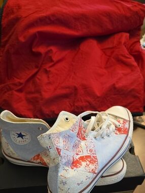 Converse Womens/Mens White Sneakers with Red Patchwork Accents